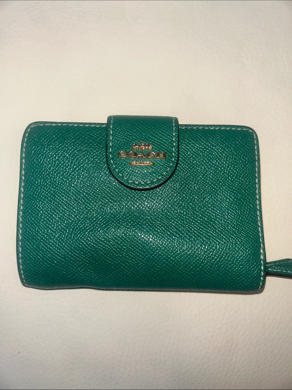 Coach Teal Textured Leather Snap Wallet with Gold Logo